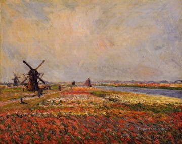 Fields of Flowers and Windmills near Leiden Claude Monet scenery Oil Paintings